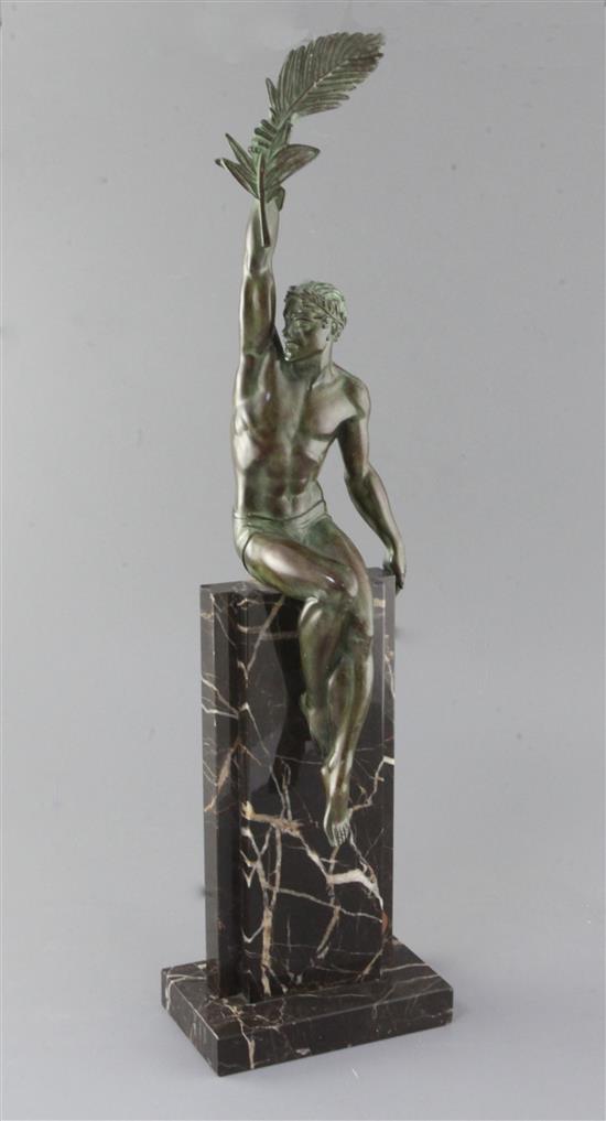 Pierre La Faguays. An Art Deco green patinated spelter figure, La Gloire, 24in. Pierre La Faguays. An Art Deco green patinated spelter figure, La Gloire, 24in.