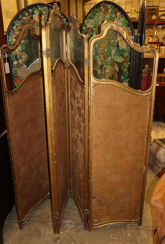 An early 20th century French giltwood and gesso glazed four fold dressing screen, H 182cm An early 20th century French giltwood and gesso glazed four fold dressing screen, H 182cm