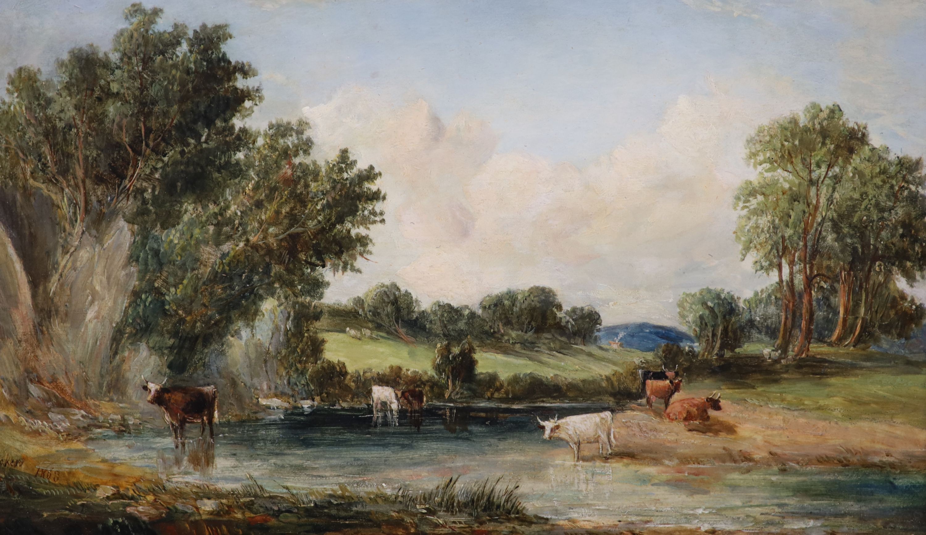 Alfred Vickers (1786-1868), Cattle watering in a landscape, oil on wooden panel, 21 x 34.5cm