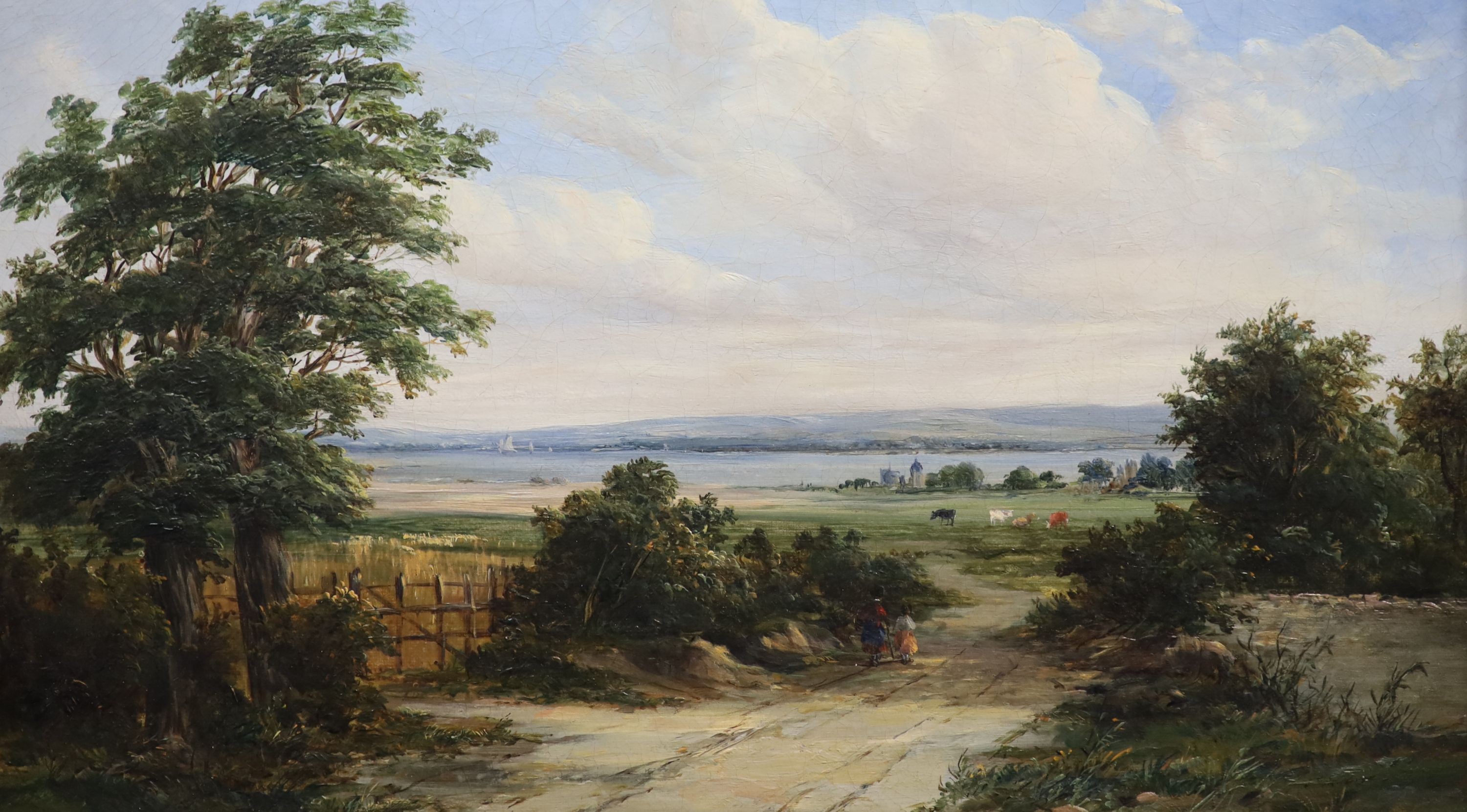 Alfred Vickers (1786-1868), Extensive landscape with figures on a lane looking towards an estuary, oil on canvas, 22 x 37cm