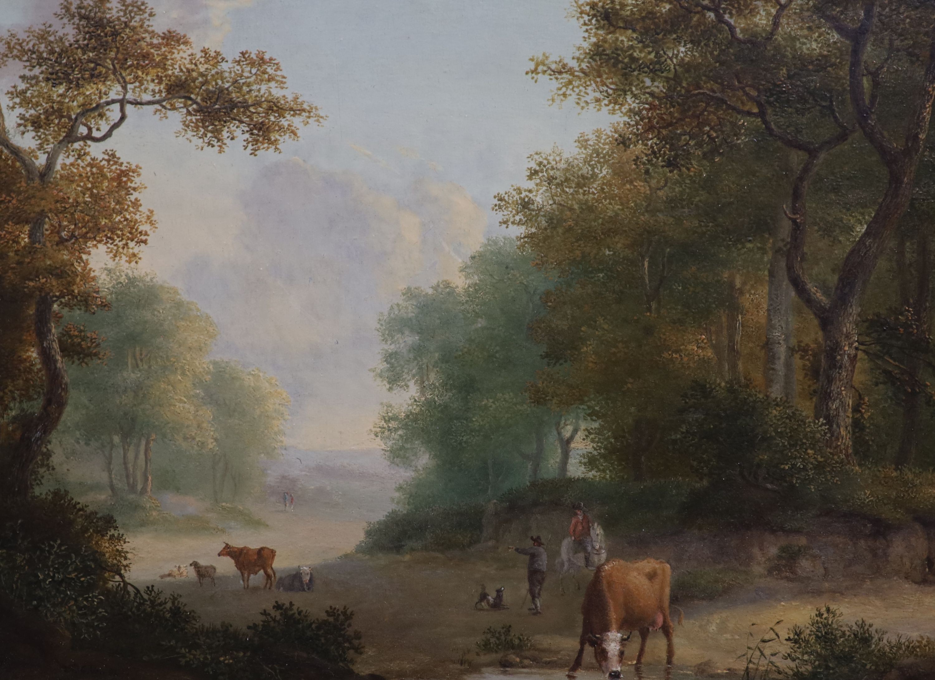 Pieter Gerardus Van Os (1776-1839), Figures and cattle in a woodland glade, oil on wooden panel, 17 x 23cm