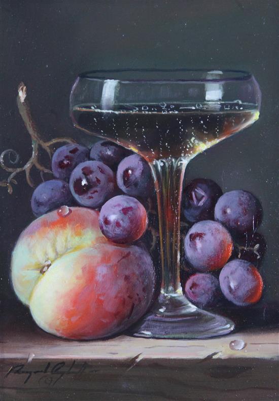 Raymond Campbell (20th C.) Still life with glass and peach, 7.5 x 5.5in. Raymond Campbell (20th C.) Still life with glass and peach, 7.5 x 5.5in.