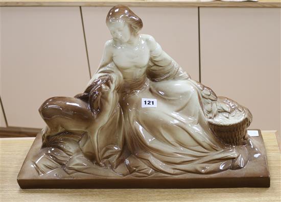 A large ceramic model of a lady and a deer, signed Polbert A large ceramic model of a lady and a deer, signed Polbert