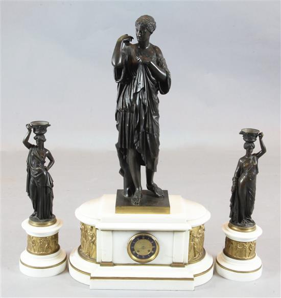 A mid 19th century French bronze mounted marble clock garniture, L.V.E. Robert, height 35.75in. A mid 19th century French bronze mounted marble clock garniture, L.V.E. Robert, height 35.75in.