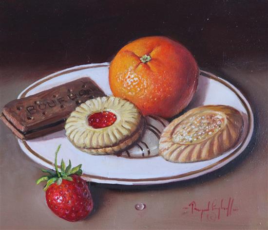 Raymond Campbell (20th C.) Orange and biscuits on a plate, 6.25 x 7.5in. Raymond Campbell (20th C.) Orange and biscuits on a plate, 6.25 x 7.5in.