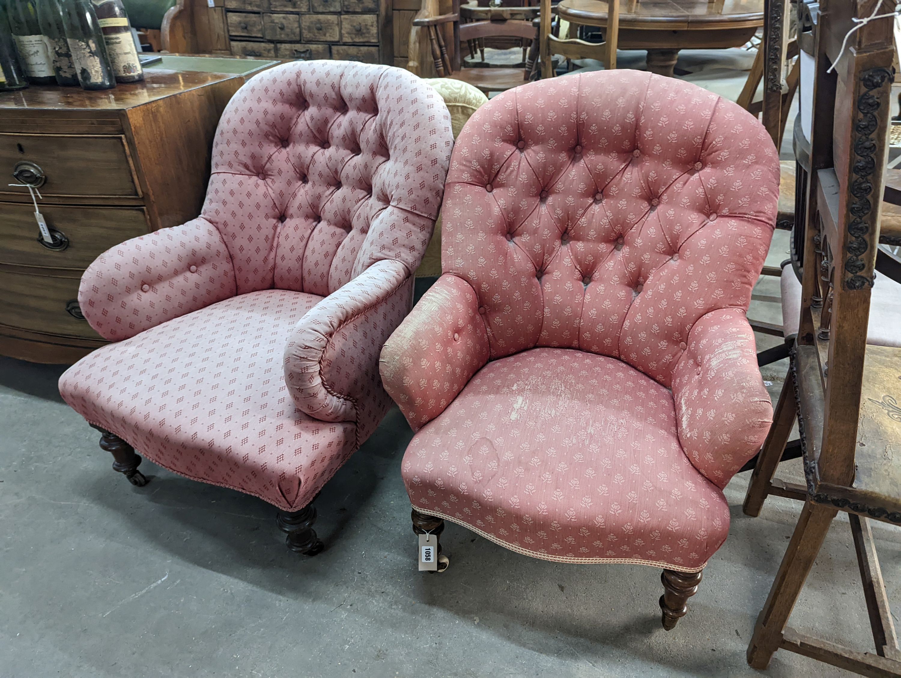 Two Victorian upholstered armchairs, width 62cm, depth 64cm, height 85cm