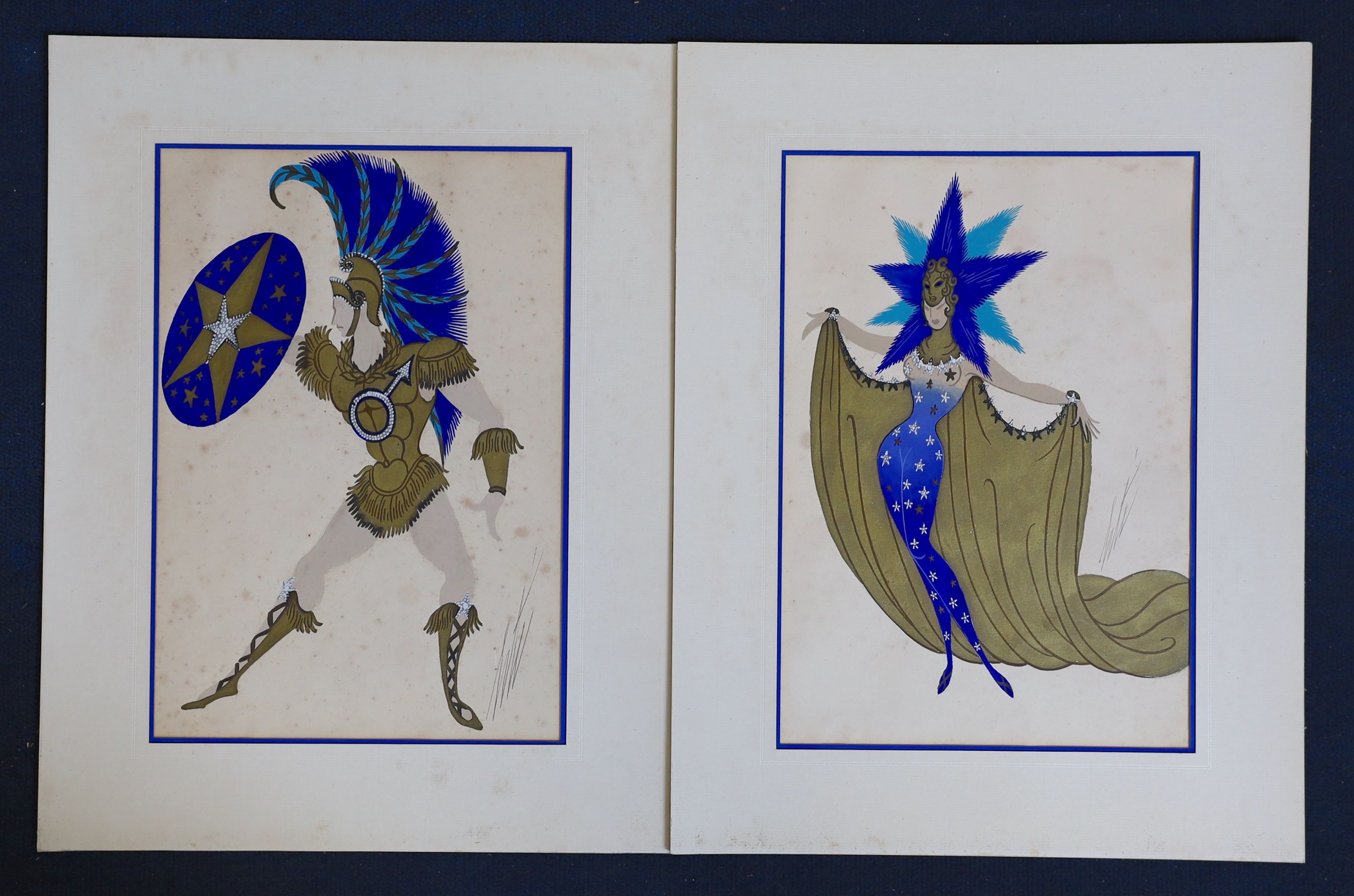 Romain De Tirtoff Erté (1892-1990), Two costume designs: Venus and Mars, gouache and gold paint, 34 x 23cm, unframed