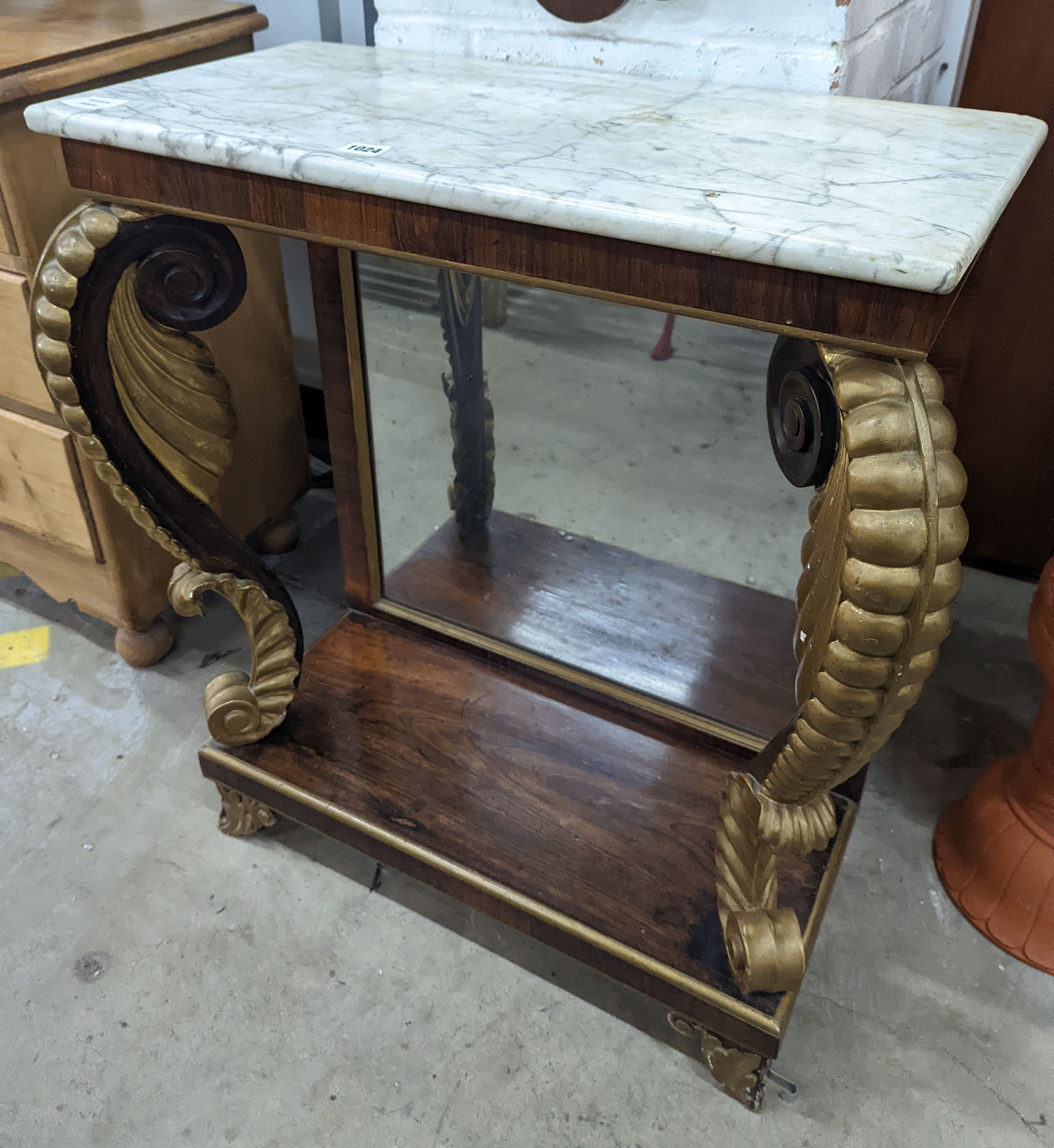 A Regency rosewood and parcel gilt marble topped console table, width 74cm, depth 36cm, height 82cm