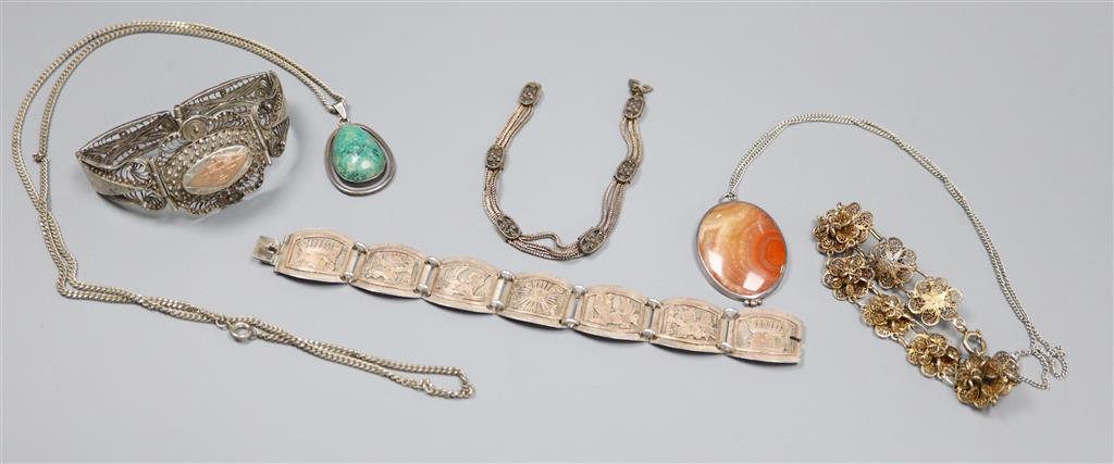 An Egyptianesque two colour white metal bracelet, filligree bracelet, necklaces etc.