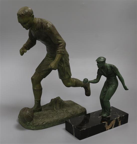A spelter model of a footballer and a bowls player A spelter model of a footballer and a bowls player