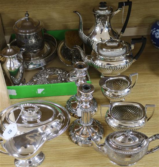 A silver-mounted two-piece dressing table set and a collection of plated table ware, A silver-mounted two-piece dressing table set and a collection of plated table ware,