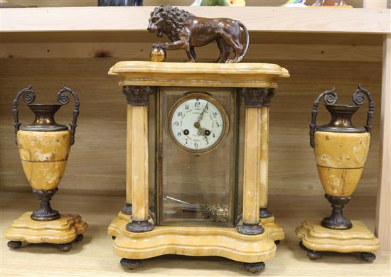 A French bronze and Sienna marble four glass clock garniture clock height 48cm A French bronze and Sienna marble four glass clock garniture clock height 48cm