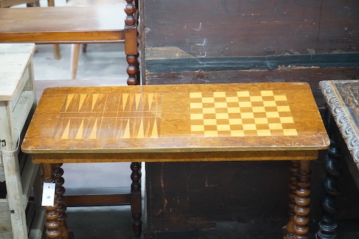 A Victorian inlaid rectangular walnut games table with chess and backgammon surface, width 87cm, depth 43cm, height 69cm