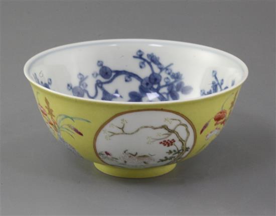 A Chinese yellow ground medallion bowl, Guangxu mark and of the period (1875-1908), d. 15cm A Chinese yellow ground medallion bowl, Guangxu mark and of the period (1875-1908), d. 15cm