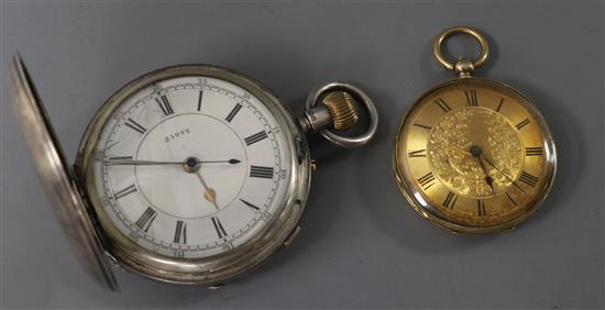 A Victorian silver hunter keyless pocket chronograph and a ladies Swiss gold keywind pocket watch,