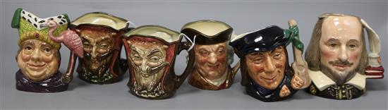 Six Royal Doulton small character jugs, including Mephistopheles D5758 (with verse), Six Royal Doulton small character jugs, including Mephistopheles D5758 (with verse),