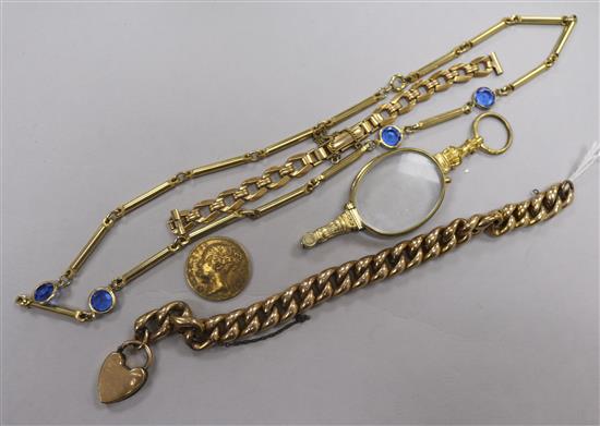 Mixed jewellery including rolled gold bracelet and a pins nez.