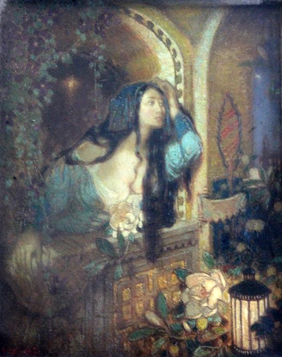 William Shackleton (1872-1933) Juliet on the balcony 12.5 x 10in. red tortoiseshell frame. William Shackleton (1872-1933) Juliet on the balcony 12.5 x 10in. red tortoiseshell frame.