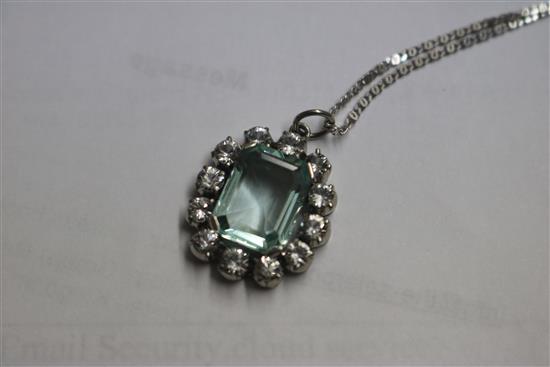 A white gold, aquamarine and colourless stone cluster pendant on an 18ct white gold chain, bar brooch & pin.
