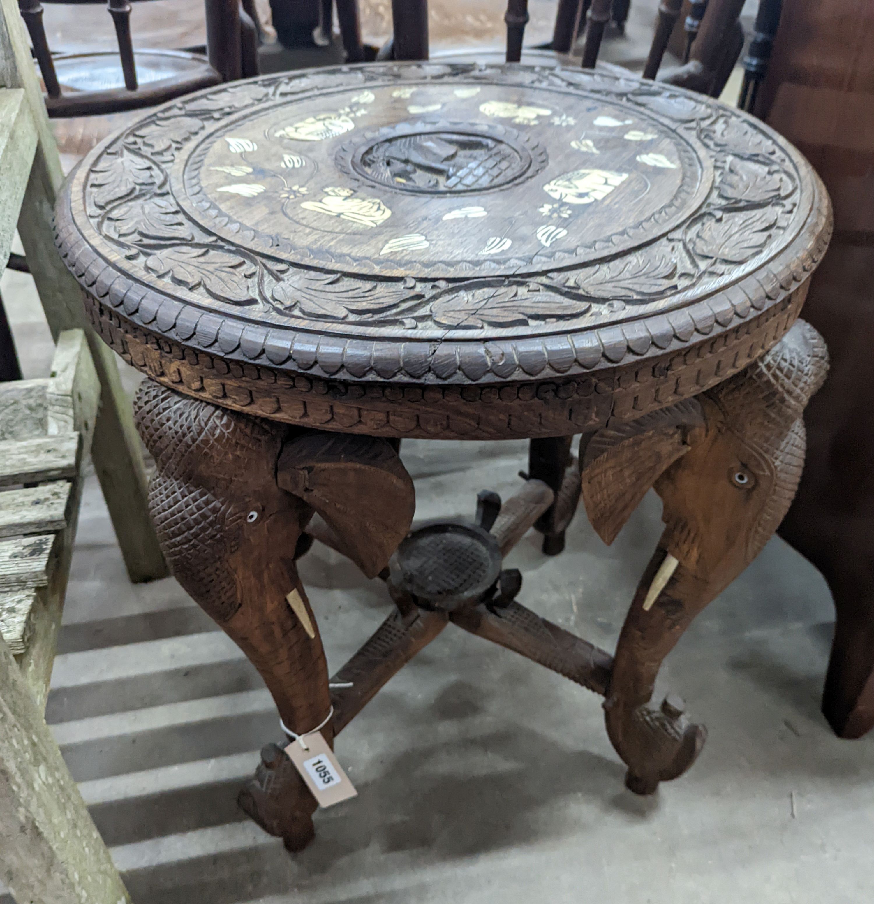 An Indian bone inlaid circular carved hardwood occasional table, diameter 52cm, height 59cm