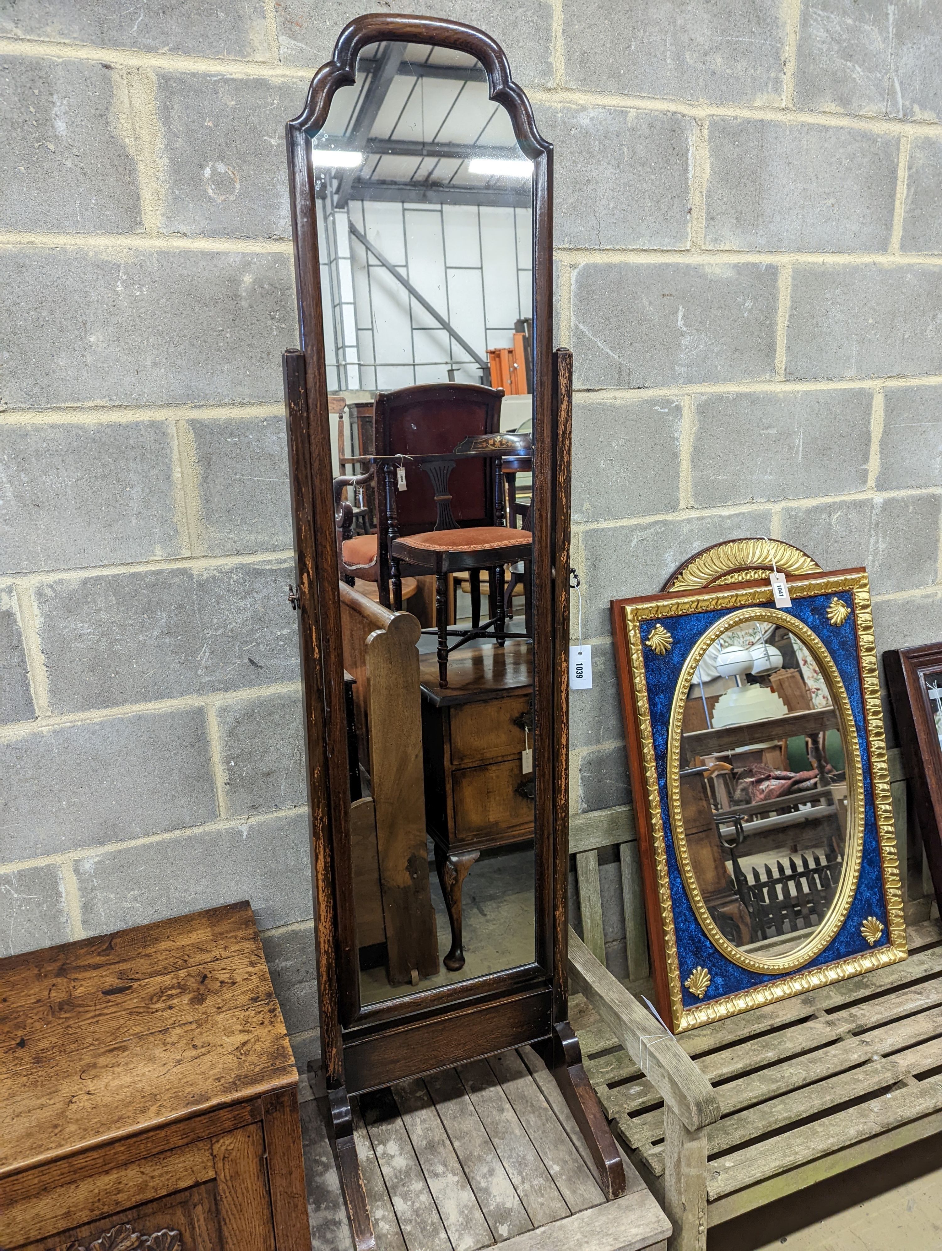 A Queen Anne revival beech and walnut cheval mirror, width 40cm, height 163cm