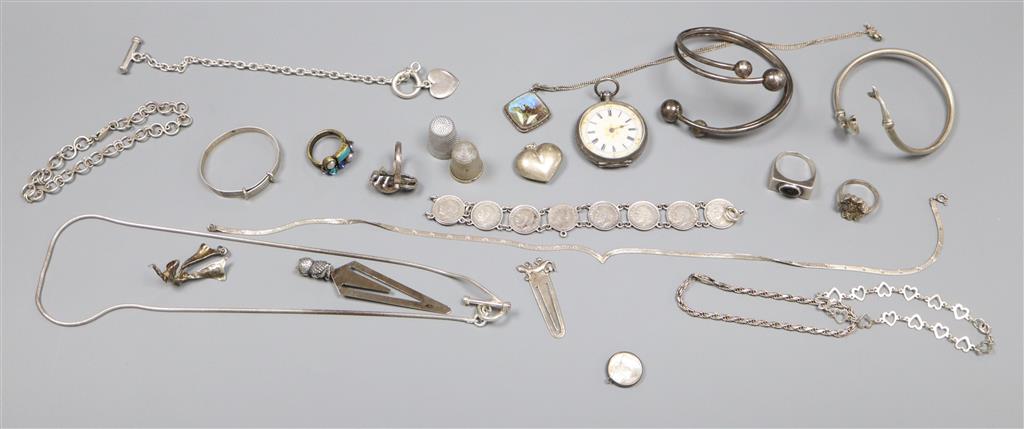 Mixed jewellery etc. including white metal bangles, owl bookmark, fob watch, bracelets etc.