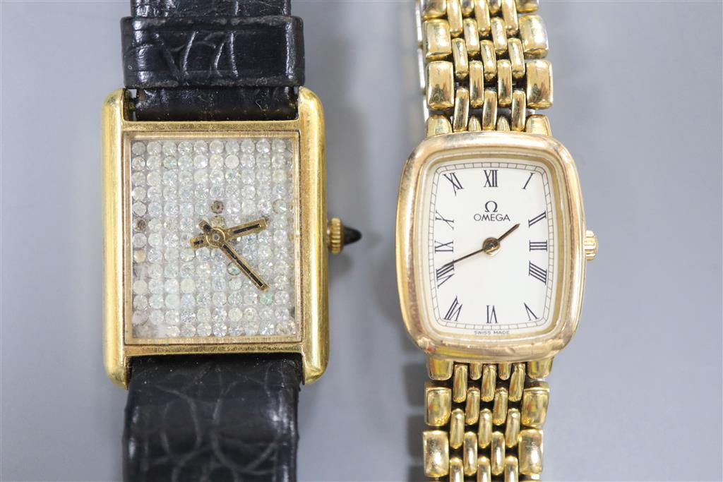 A ladys steel and gold plated Omega quartz wrist watch and one other gold plated wrist watch(a.f.).
