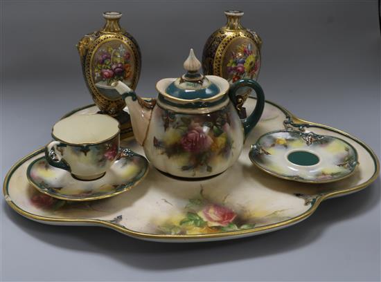 A Hadleys Worcester part tea for two and a pair of Derby style vessels A Hadleys Worcester part tea for two and a pair of Derby style vessels