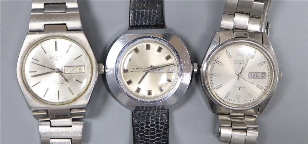 Three assorted gentlemans wrist watches including Seiko, Rotary and Timex.