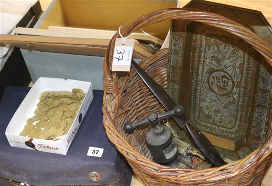 A chinese metal tray, a medical case, gaming counters etc A chinese metal tray, a medical case, gaming counters etc