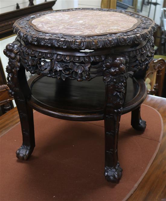 A Chinese hardwood marble top two tier table W.55cm A Chinese hardwood marble top two tier table W.55cm