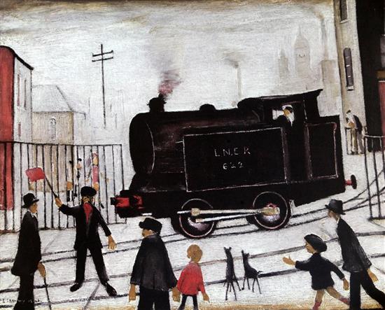 § After Laurence Stephen Lowry (1887-1976) The Level Crossing with Train overall 24 x 28in., unframed § After Laurence Stephen Lowry (1887-1976) The Level Crossing with Train overall 24 x 28in., unframed