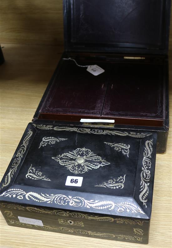 A 19th century mother of pearl inlaid sewing box and a Moroccan leather writing slope A 19th century mother of pearl inlaid sewing box and a Moroccan leather writing slope