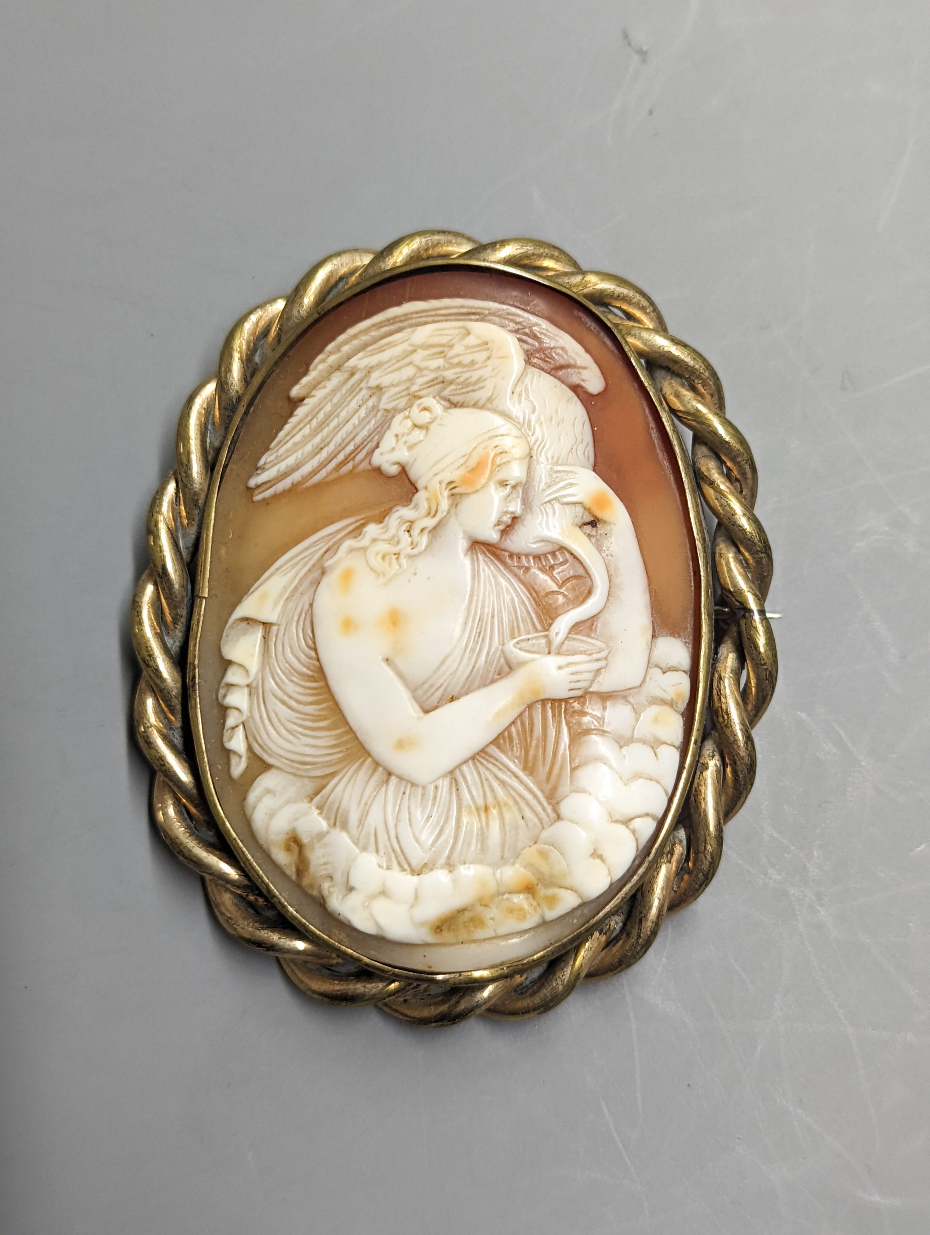 A late Victorian gilt metal mounted oval cameo shell brooch, carved with Leda & the Swan, 72mm.