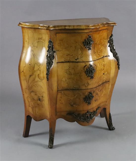 A late 19th century Dutch walnut and marquetry bombe commode, W.2ft 7in. D.1ft 2in. H.2ft 11in. A late 19th century Dutch walnut and marquetry bombe commode, W.2ft 7in. D.1ft 2in. H.2ft 11in.