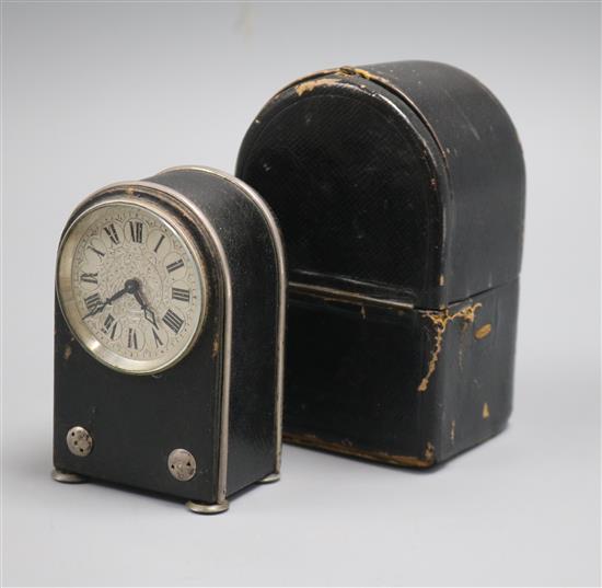 A Leuchars, Paris arched top travel timepiece, H 12cm (inc case) A Leuchars, Paris arched top travel timepiece, H 12cm (inc case)