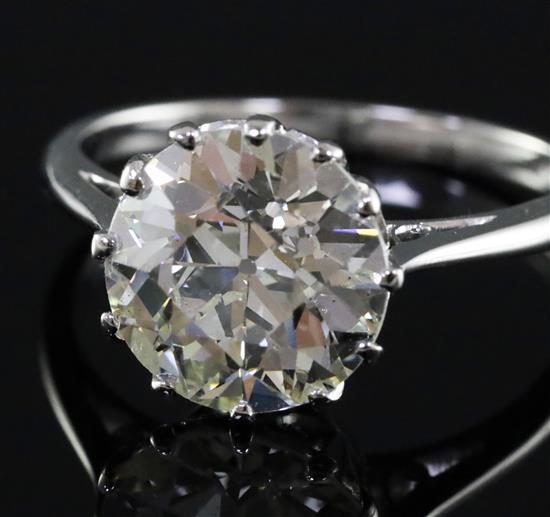 A platinum and solitaire diamond ring, the round cut stone weighing 4.40cts, size Q.