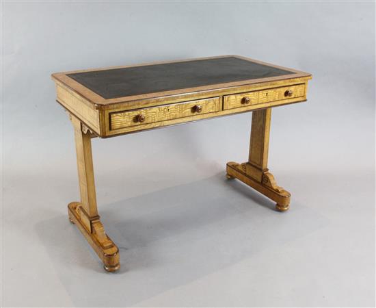 A mid Victorian Hungarian ash and purple heart banded writing table, attributed to Holland & Sons, W.3ft A mid Victorian Hungarian ash and purple heart banded writing table, attributed to Holland & Sons, W.3ft