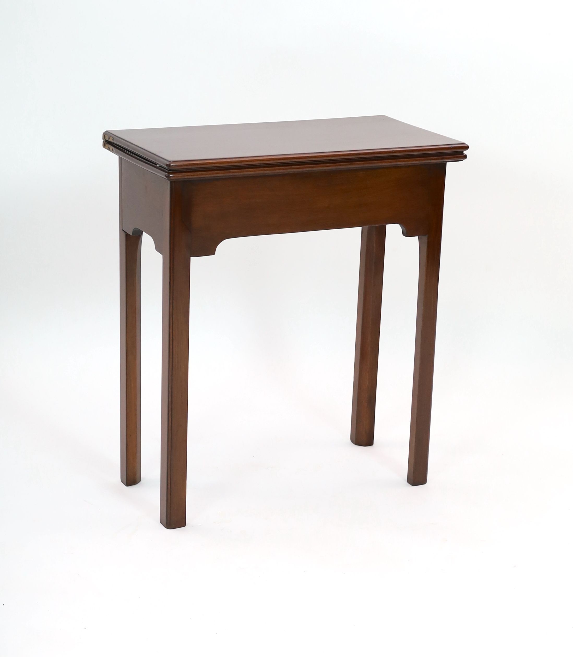A reproduction George III style rectangular mahogany folding tea table, width 63cm depth 32cm height 73cm