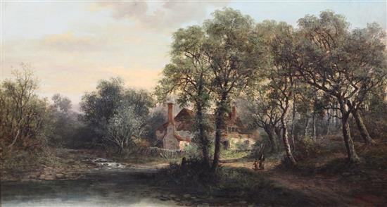 William R. Stone (fl.1865-1878) Figures beside a river in a wooded landscape, 18 x 32in. William R. Stone (fl.1865-1878) Figures beside a river in a wooded landscape, 18 x 32in.