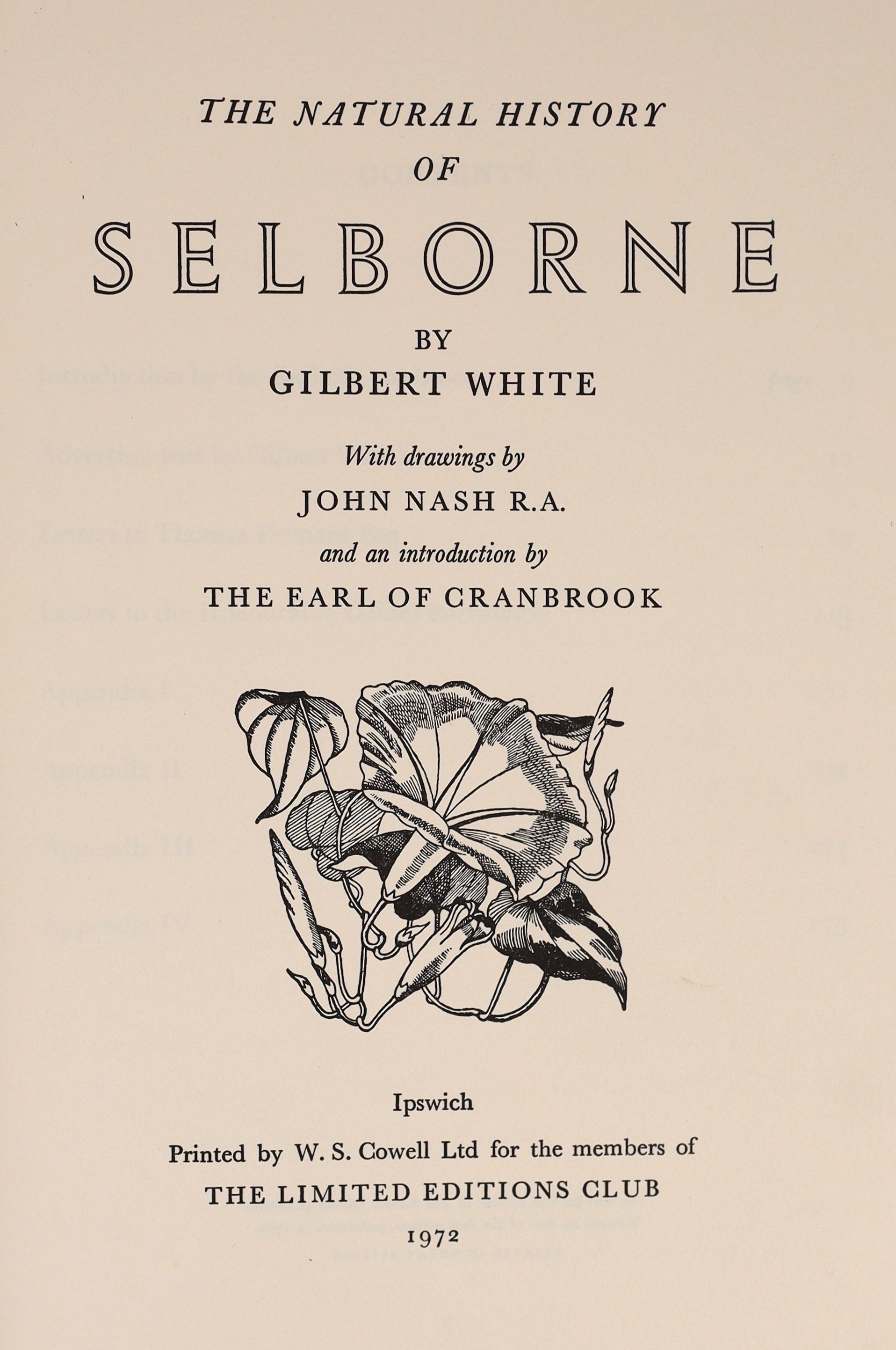 White, Gilbert - The Natural History of Selborne, one of 1500, signed and illustrated with 16 colour plates by John Nash, 4to, quarter gilt stamped calf, Limited Editions Club, Ipswich, 1972, with slip case.