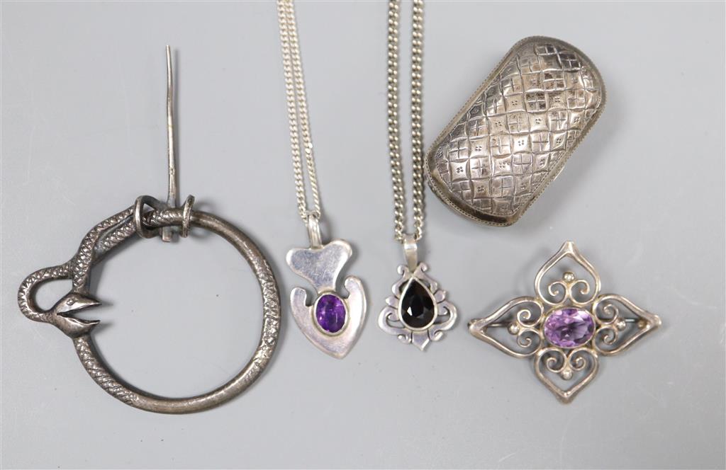 Two modern white metal and gem set pendant necklaces including amethyst, two brooches and a snuff box.