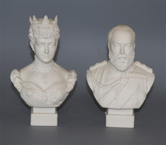 A pair of Robinson & Leadbeater parian busts of Edward VII and Queen Alexandra tallest 22cm
