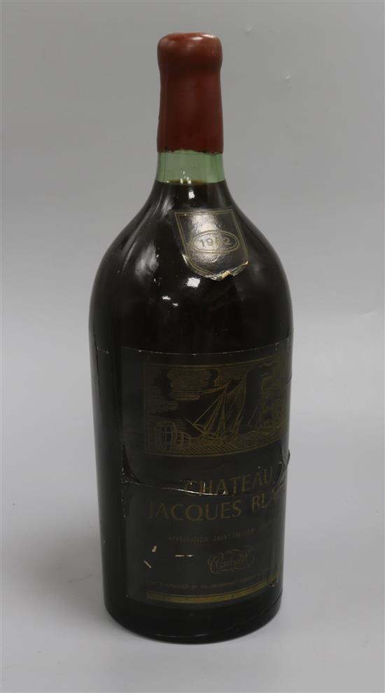 One super magnum (250cl) of Chateau Jacques Blanc, St Emilion, 1962, limited cuvee, no. 007136/10000. One super magnum (250cl) of Chateau Jacques Blanc, St Emilion, 1962, limited cuvee, no. 007136/10000.