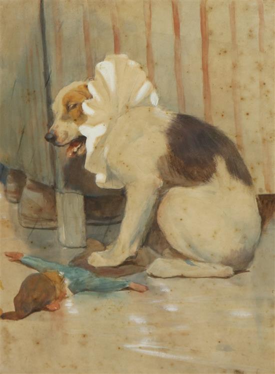 Cecil Aldin, pencil and watercolour sketch of a terrier with a hand puppet, 38 x 29cm Cecil Aldin, pencil and watercolour sketch of a terrier with a hand puppet, 38 x 29cm
