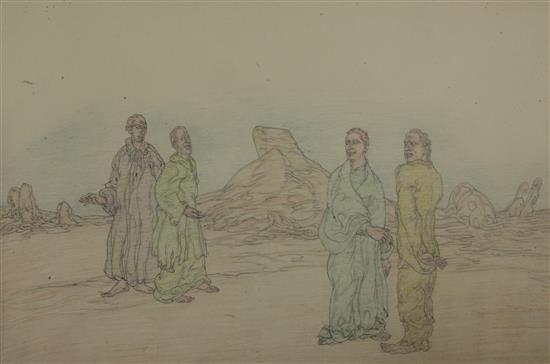 § Austin Osman Spare (1888-1956) Four robed men in a landscape 8 x 13in. unframed