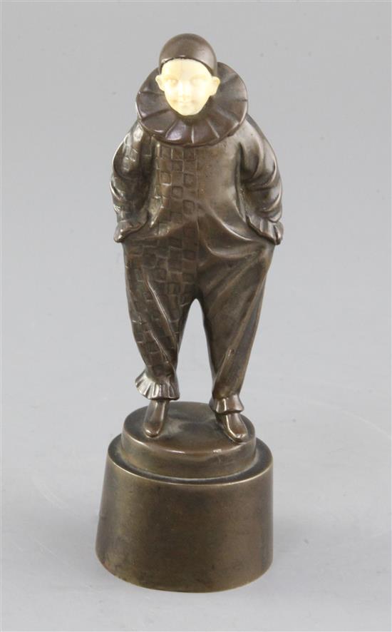 Peter Tereszczuk (1875-1963). A bronze and ivory figure of Pierrot, height 6.75in. Peter Tereszczuk (1875-1963). A bronze and ivory figure of Pierrot, height 6.75in.