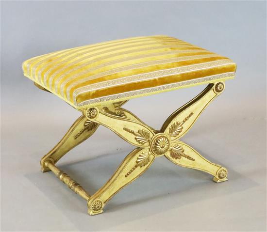 A 19th century Continental giltwood X frame stool, 2ft x 1ft 8in. H. 1ft 8in. A 19th century Continental giltwood X frame stool, 2ft x 1ft 8in. H. 1ft 8in.