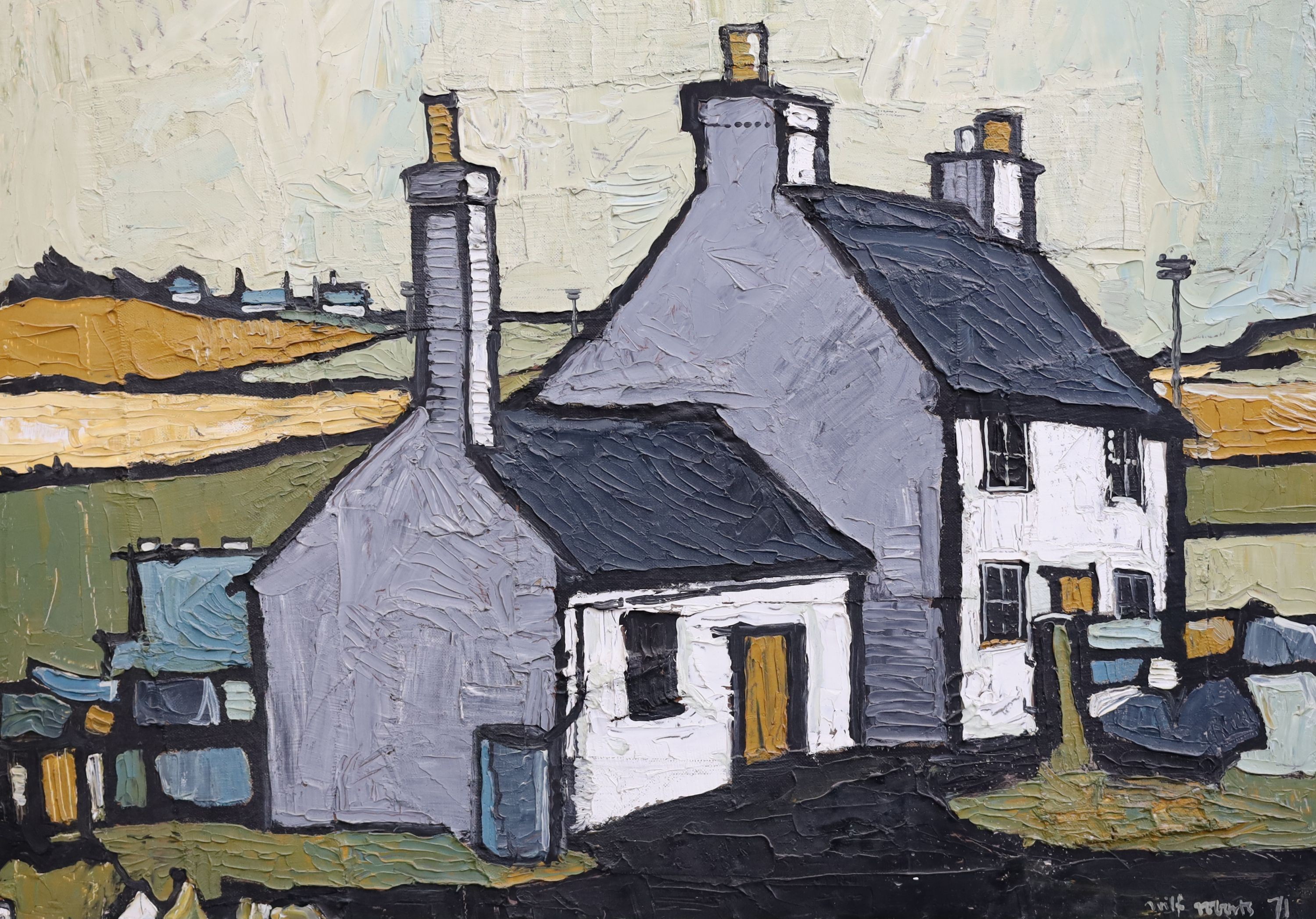 Wilf Roberts (1941-2016), Cottages in a landscape, oil on board, 54.5 x 75cm