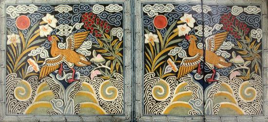 A pair of Chinese Wild Goose Mandarin badges, first half 19th century, each 21 x 23cm A pair of Chinese Wild Goose Mandarin badges, first half 19th century, each 21 x 23cm